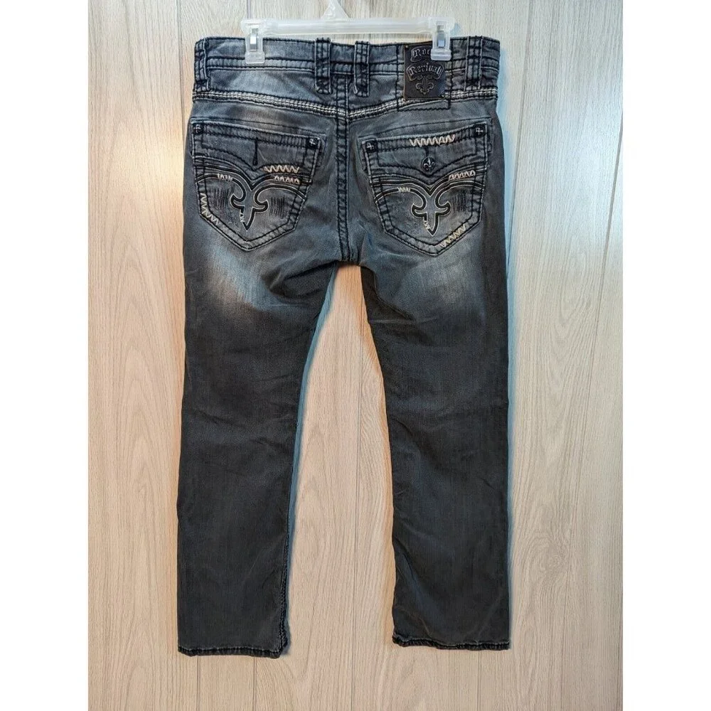 Rock Revival Jeans Mens 33 Gray Denim Finn Slim Boot Distressed READ 34x29